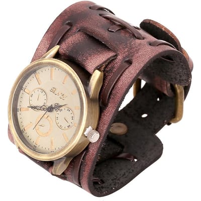 Retro Horloge Grote Brede Echt Lederen Band Horloge Mannen Punk Kwarts Manchet Horloge Polshorloges Armband Ongewoon Polshorloge black