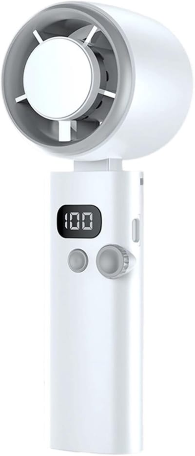 Handventilator, 100 windsnelheden, verkoelend effect, LED-display, oplaadbare draagbare miniventilator, geluidsarm, krachtige zakventilator, met draagkoord, USB-C opladen, reizen, woon-werkverkeer en dagelijks gebruik (wit).