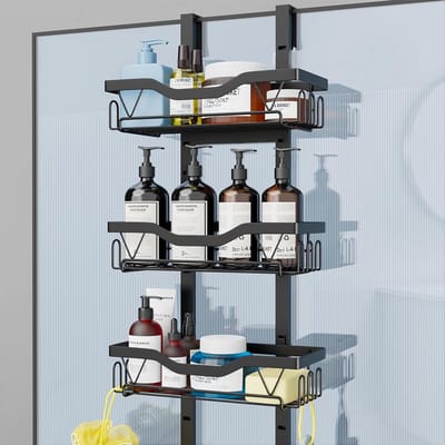 Doucheplank Om op te Hangen - 3 Douchemanden - Zonder Boren - 18 Haken - Shampoohouder - Zwart - 20 kg Draagvermogen