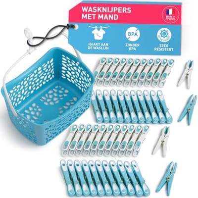 Premium Wasknijpers Set met Mand - 48 Stuks in Blauw-Wit