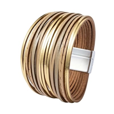 Beige goudkleurige pu leren wikkel armband voor dames – brede armband met magnetische sluiting – modern meerlagen design