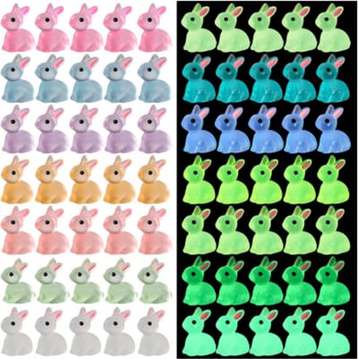 70x Lichtgevende Mini Konijntjes – Glow in the Dark Miniatuur Beeldjes – Hars Konijn Decoratie voor DIY, Paasfeest & Woondecoratie (7 Kleuren)