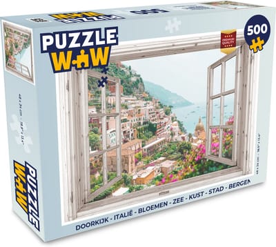Puzzel Doorkijk - Italië - Bloemen - Zee - Kust - Stad - Bergen - Legpuzzel - Puzzel 500 stukjes