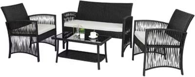 Rotan Tuinmeubelen Set Fioren - Voor Buiten en Balkon - 4 Stuks - Rotan Patio Meubelen - Weven Rieten Sofa Set met Kussens en Glazen Tafel - Zwart