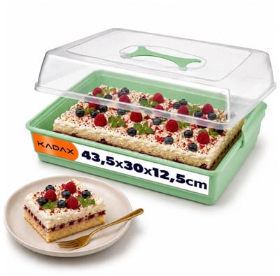 KADAX Taartdoos met deksel, 43 x 30 x 12,5 cm, kunststof taarthouder, transportdoos met handvat, bakvorm, voor blikcake, muffins, rechthoekig, voedseldoos (mint V2)