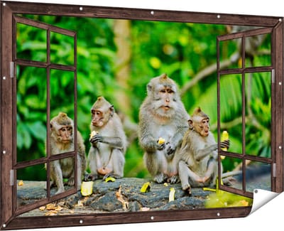 Gards Tuinposter Doorkijk Groep Apen Eten Bananen in het Bos - 180x120 cm - Tuindoek - Tuindecoratie - Wanddecoratie buiten - Tuinschilderij