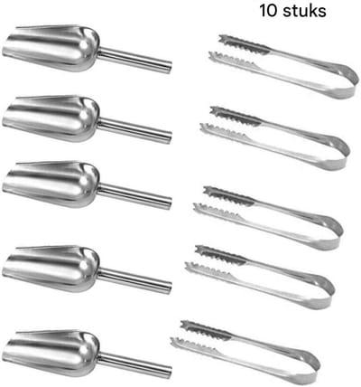 GELLDG IJsblokjestangen - IJsscheppen - Set ijsblokjestangen van roestvrij staal - Saladetangen - Gebakstangen - Geschikt voor bruiloften, bars, feesten, buffetten, barbecues, picknicks - 5 ijsscheppen en 5 tangen