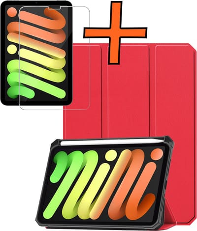 Hoesje - Geschikt voor Apple iPad Mini 7 (2024) - 8.3 inch - 7e Generatie - Met Screenprotector - Trifold Bookcase - Hard Cover Case - Met Uitsparing Geschikt voor Apple Pencil - Hardcover Book - Tablet Hoes - Rood