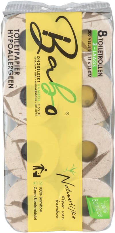 Bamboe Toiletpapier 3-laags, 200 vellen (8 Rollen = 16 standaard Rollen) ( 8 x 200 = 1600 vellen )