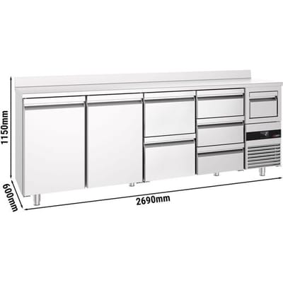 GGM Gastro Bar- & Getränkekühltisch PREMIUM - 2690x600mm - mit 2 Türen, 5 Schubladen, Aufkantung & Ausklopfer für Kaffee Zilver