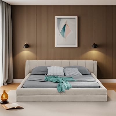 Wishdor Tweepersoonsbedframe – 140 x 200 cm – Chenille Bekleding – Ergonomisch Hoofdbord – Verstevigd Stil Frame – Beige – Minimalistisch Europees Ontwerp – Stabiel tot 250 kg – Geschikt voor Matras >20 cm
