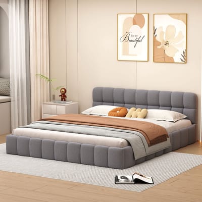 Tweepersoonsbed 140x190 cm, linnen met bloemvormig hoofdeinde, elegant en comfortabel ontwerp, ideaal voor stijlvolle slaapkamers, grijs