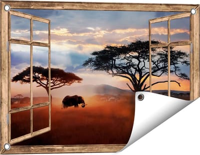 Gards Tuinposter Doorkijk Olifant in het Wild - Savanne - 60x40 cm - Tuindoek - Tuindecoratie - Wanddecoratie buiten - Tuinschilderij