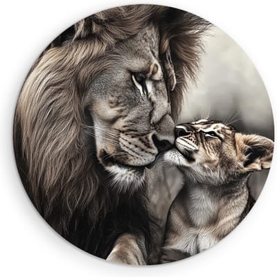 Saammp Muurcirkel Hout - Leeuwen Welp met Vader - liefde - Dieren - Natuur - Ø 90 - Wandcirkel - Wanddecoratie Cirkel - Muurdecoratie Woonkamer - Slaapkamer decoratie - Rond Schilderij