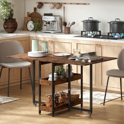 DESMIU Opvouwbare Eettafel - Compact Met Twee Open Vakken En Wielen - Voor Keuken En Kleine Ruimtes - Hout - Bruin - 133,4 X 80 X 75 Cm