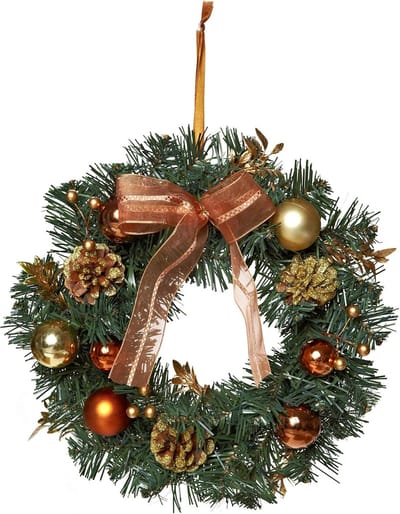 Kerstkrans - deurkrans - tafelkrans - tafelkrans - versierde krans van dennentakken - groen, koper, goud - 32 x 32 x 10 cm