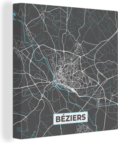 Canvas Schilderij Béziers – Plattegrond – Frankrijk – Kaart – Stadskaart - 20x20 cm - Wanddecoratie