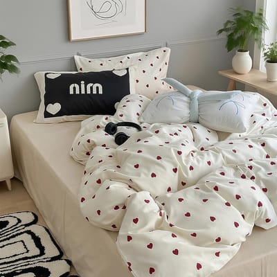 Luxe beddengoed set 135 x 200 cm met rode hartjes, dekbedovertrek en kussensloop 80 x 80 cm, microfiber, ideaal voor een romantische slaapkamer inrichting