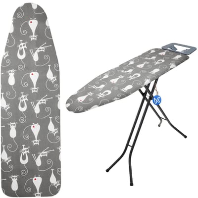 KADAX Strijkplankovertrek met trekkoord, strijkplankovertrek van katoen, strijkplankhoes voor stoomstrijkijzer, vervangende strijkplankhoes met sponsvulling (katten, 132 x 48 cm)
