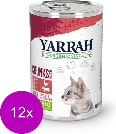 12x Yarrah Bio Kat Blik Brokjes In Saus - Kip & Rund - Kattenvoer - 405g