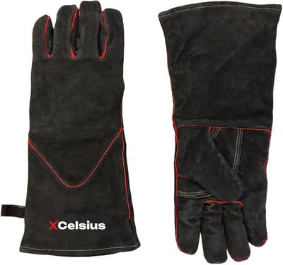 XCelsius® BBQ Handschoenen Splitleer – TÜV Gecertificeerd EN407 – Hittebestendige Barbecue Handschoenen en Ovenhandschoenen – Voor Kamado, Gietijzer, Roosters en Heat Deflectors – Cadeaus voor Mannen – 1 Paar – Zwart met Rood