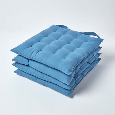 Homescapes stoelkussens – set van 4 zitkussens – katoen – 40x40 cm – blauw – met lint – voor eetkamer & buitengebruik