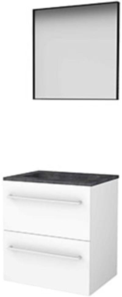 Basic-Line Framed 46 Badkamermeubelset - 60 x 46 cm - Met Grepen - 2 Lades - Hardstenen Wastafel - 1 Kraangat - Spiegel met Zwart Aluminium Frame - Ice White