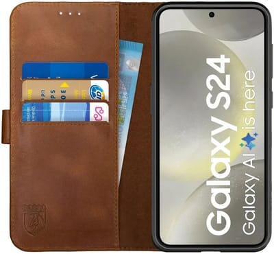 Rosso Deluxe Echt Leer Book Case Hoesje Geschikt voor Samsung Galaxy S24 | Ruimte voor drie pasjes | Portemonnee Book Case | Met Pasjeshouder | Bruin