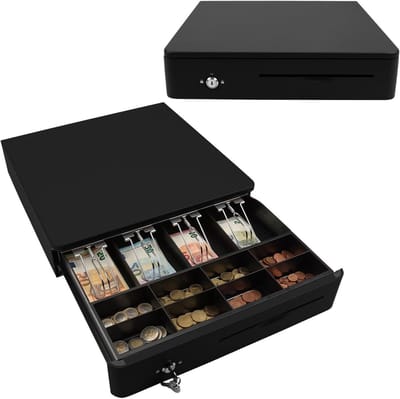OLYMPIA M 405 Black Cash Drawer with 8 Coin and 4 Note Compartments | Robust Cash Drawer Base Made of Solid Metal | Electrically Adjustable Cash Register with Lock & RJ11/RJ12 Connection