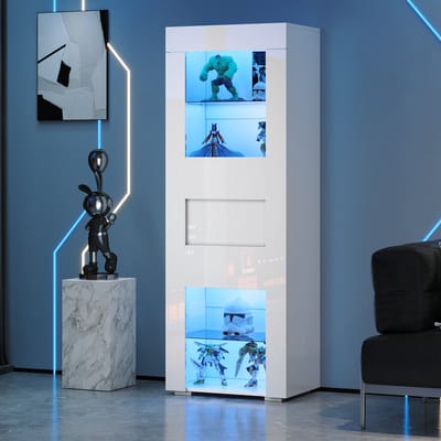 OKWISH Vitrinekast - Moderne Highboard Met LED - Verstelbare Glazen Planken - 60x40x170 cm - MDF - Wit