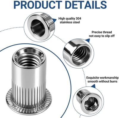 Klinkmoeren M6 van roestvrij staal A2, platte kop, ideaal voor bevestiging aan platen en buizen, duurzaam en corrosiebestendig