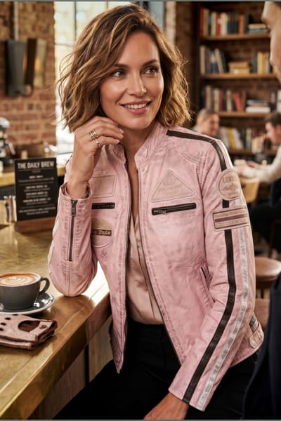Dames Biker Racing Badges Roze Leren Jas-Esdoorn