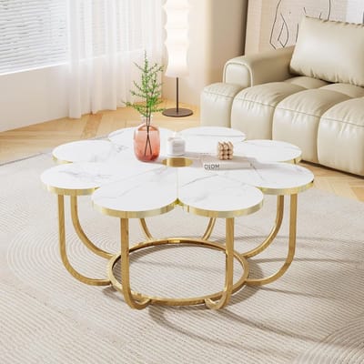 Tribesigns Salontafel - Bijzettafel Goud - 100 x 100 x 50 cm - Moderne Salontafel in de Vorm Van Een Bloem - met Een Tafelblad van Imitatiemarmer - Salon Tafel - Wandtafel - Koffietafel