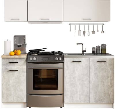 Complete Keuken, Keukenmeubelset OLIWIA G1 met Verkblad 180 cm breed / Keukeneenheid zonder apparatuur / Wit – Beton Grijs / 180 x 174 x 46 cm
