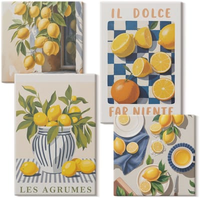 Wallfluent Set van canvas schilderijen - Retro citrusvrucht met gele accenten Canvas Schilderijen Set - Set van 4 Canvas Schilderijen - Geel Set van Canvas Prints - Voedsel Canvas Kunst Set - Boheemse Canvas Kunst Set