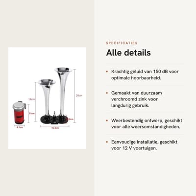 Dailygoods- Luchthoorn 150 dB - Dubbele Hoorn - Verchroomd Zink - 12 Volt - Auto/Vrachtwagen/Boot - Schokbestendig en Duurzaam - Toeter