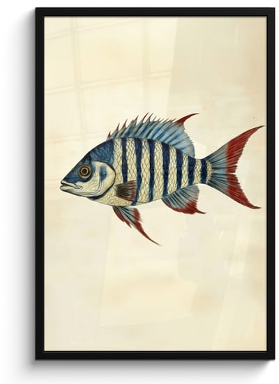 Poster in lijst - Fotolijst 60x90 cm - Posters - Gestreept - Donkerblauw - Rugvin - Vis - Posterlijst zwart - Decoratie - Wanddecoratie woonkamer - Muurdecoratie slaapkamer