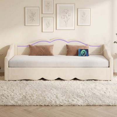 Gestoffeerd bed - slaapbank 90x200 cm - uitschuifbaar bed - met LED-verlichting en USB-poort - beige - zonder matras