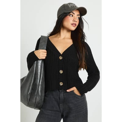 boohoo Dames Chunky Gebreide Cropped Cardigan | Zwart | Maat: Medium