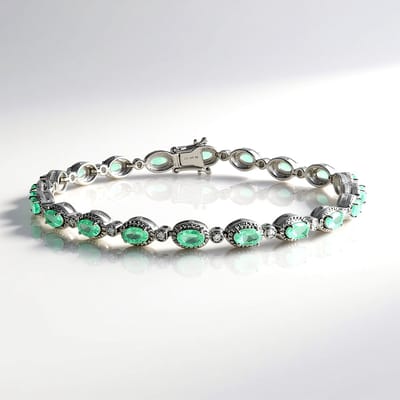 Cavill - Luxe Zilveren Armband - 925 Sterling Zilver met Platina - 20 Ovale Colombiaanse Smaragden 3,6 ct + 19 Cambodjaanse Zirkonen