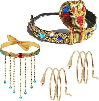 Vierdelige Egyptische kostuumaccessoires set voor vrouwen - hoofdband, ketting, pompons, parels en slangenarmbanden voor Halloween, carnaval en themafeesten