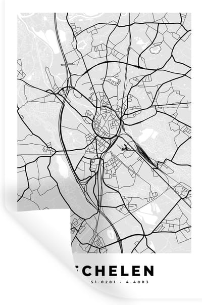 Muurstickers - Sticker Folie - Zwart Wit – België – Plattegrond – Stadskaart – Kaart – Mechelen - 20x30 cm - Plakfolie - Muurstickers Kinderkamer - Zelfklevend Behang - Zelfklevend behangpapier - Stickerfolie
