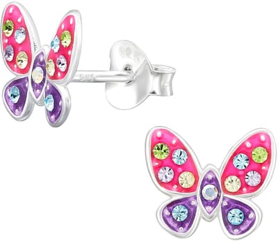 Joy|S - Zilveren vlinder oorbellen - 10 x 8 mm - roze paars met kristalletjes - kinderoorbellen