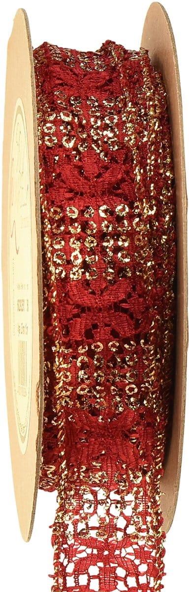 Kanten lint met glitter rood goud decoratief lint stof 25mm 15m