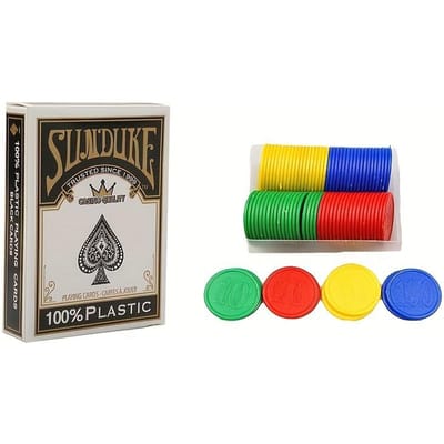 1 jeu de cartes et 50 pièces d'accessoires de jeu ronds Cartes à jouer noires Cartes à jouer en plastique PVC imperméables Ensemble de jeu de table de divertissement de loisir 2pcs