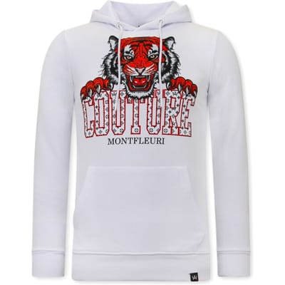 Heren Hoodie met Print - Tiger Head - 3679 - Wit