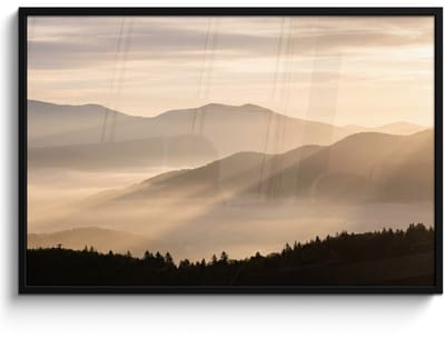 Poster in lijst - Fotolijst 120x80 cm - Posters - Bergen - Mist - Zonnestralen - Posterlijst zwart - Decoratie - Wanddecoratie woonkamer - Muurdecoratie slaapkamer