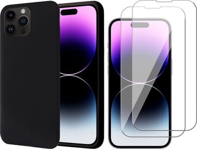 Hoesje geschikt voor iPhone 14 Pro - 2x Screen Protector GlassGuard - Back Cover Case SoftTouch Zwart & Screenprotector