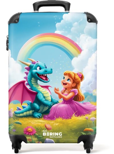 NoBoringSuitcases.com® - Kinderkoffer meisje - Kindertrolley meisjes - Prinses en dino in een kleurrijke wereld - Handbagage koffer lichtgewicht - Reiskoffer trolley kinderen - Rolkoffer met wieltjes - Past binnen 55x40x20 en 55x35x25