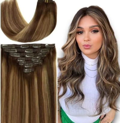 Frazimashop- Braziliaanse remy clips - Highlight Steil haar clips - 22 inch 55 cm 100% Straight Human Hair ( - 120 gram - kleur 4/27